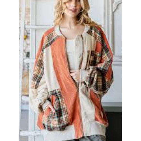 Oli & Hali WASHED COLORBLOCK ZIP FRONT Plaid Pockets BOMBER TERRY JACKET - Picture 2 of 4
